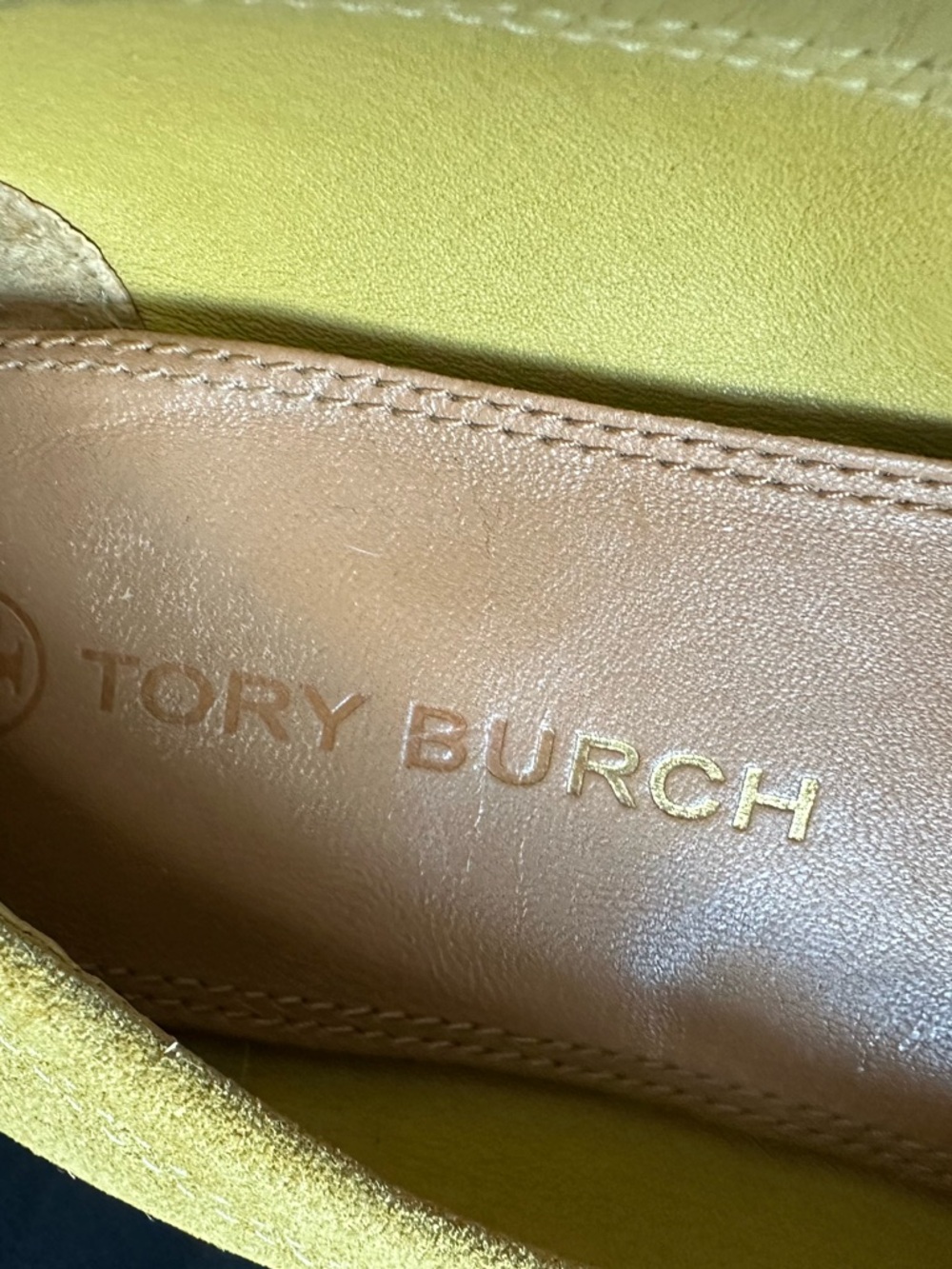 Tory Burch Mustard Yellow Suede Penny Loafers with Gold Emblem Ballet shoes 7.5 - Picture 13 of 16